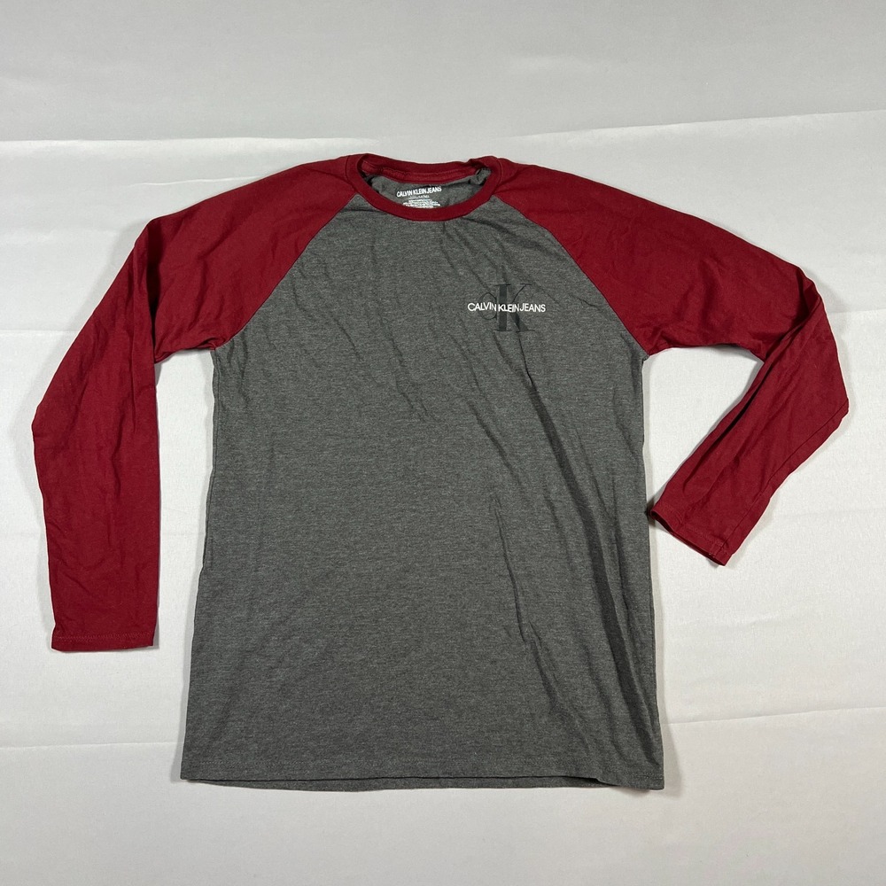 Calvin Klein Jeans T Shirt Boys L 14-16 Gray Maroon Cotton Logo Raglan Sleeve